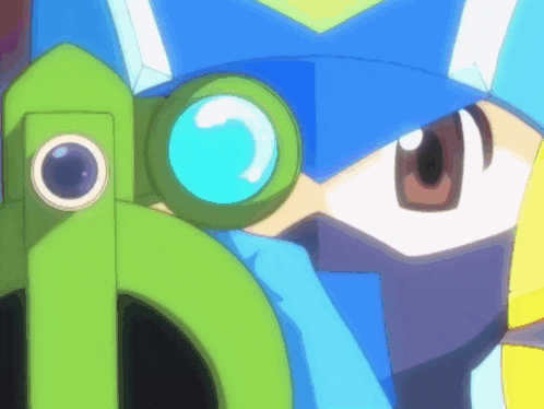 a close up of a cartoon character 's face with a blue hat