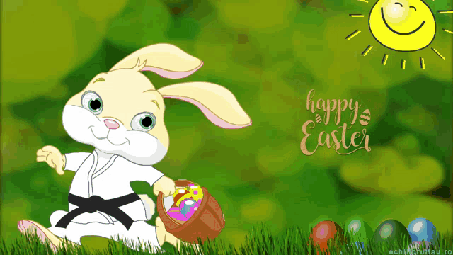a happy easter greeting card with a karate bunny and easter eggs