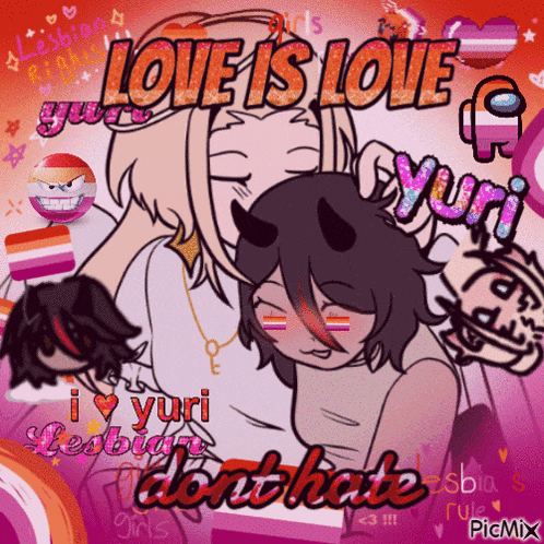 a drawing of two girls with the words love is love yuri on it