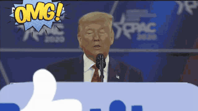 donald trump speaking into a microphone with an omg speech bubble behind him