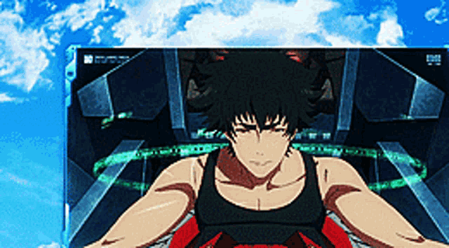 a cartoon of a man in a tank top with a blue sky behind him
