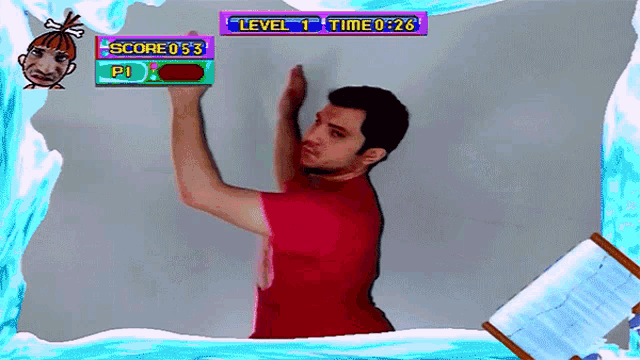 a man in a red shirt is playing a video game with a score of 053