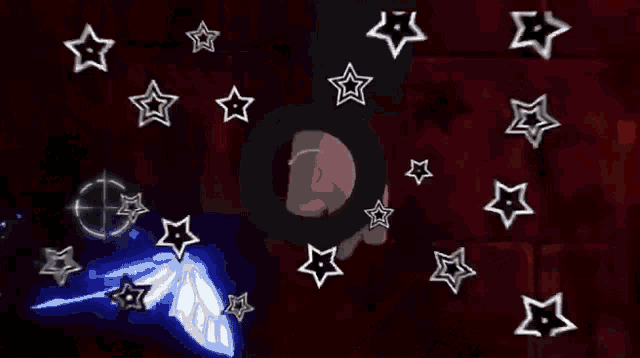 a circle with a red center is surrounded by white stars on a dark background .