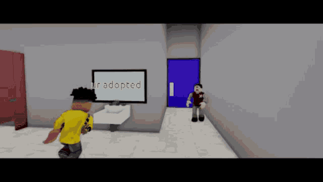 a cartoon character in a bathroom with ur adopted written on the wall