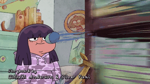 a cartoon girl with a bubble in her eye and the words storyboard by gillan anderson & silver paul