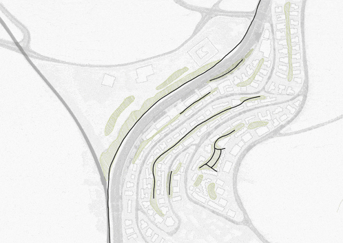 a black and white map of a residential area with the letter l in the middle