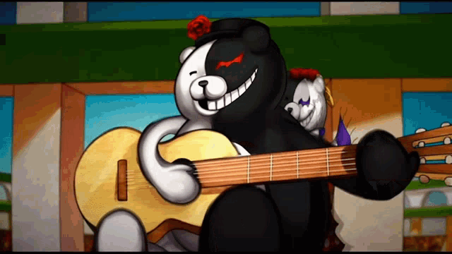 a black and white teddy bear is holding a guitar and smiling