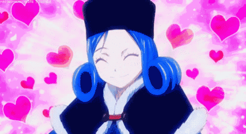 a girl with blue hair and a hat is surrounded by pink hearts .