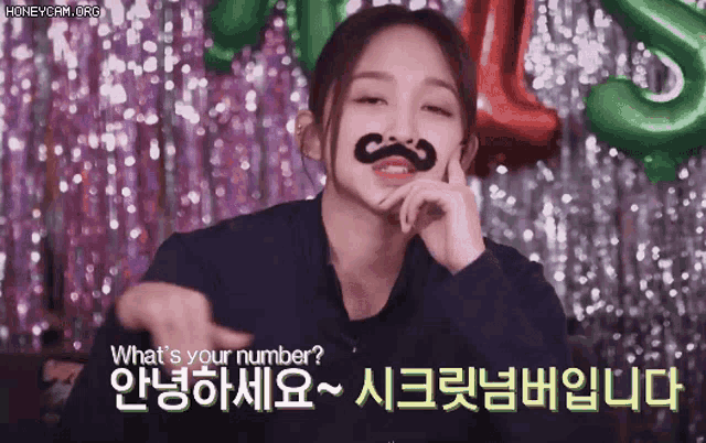 a woman with a fake mustache says what 's your number in korean
