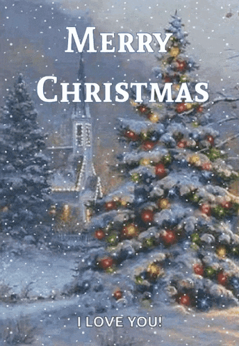 a merry christmas greeting card with a christmas tree and a church in the background