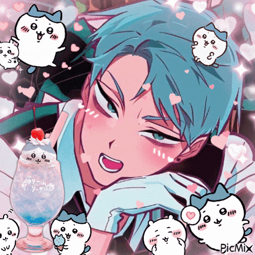 a cartoon of a man with blue hair and a cherry on top of a glass