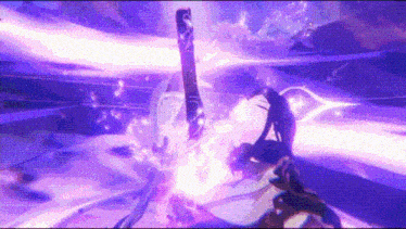 a person is holding a sword in a video game while a purple light is coming out of it .