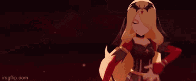 a cartoon character with long blonde hair is standing in front of a crowd .
