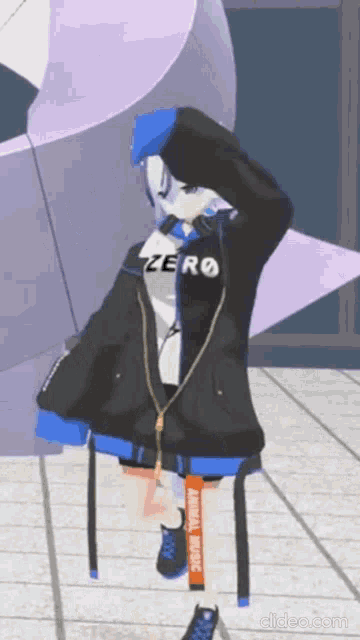 a 3d anime girl wearing a black jacket and a blue hat with the word zero on it