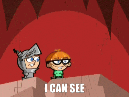 a cartoon character says " i can see " while standing next to another character