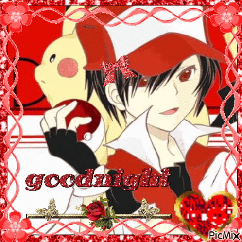 a picture of a boy and a pikachu with the words goodnight in red