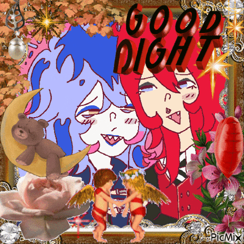 a picture of two anime characters with the words good night written in red