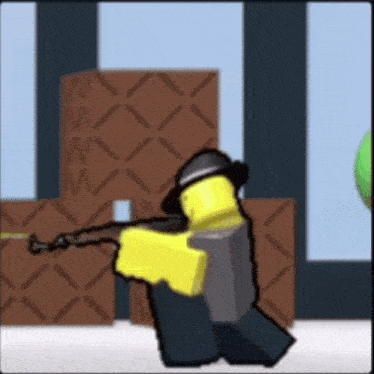 a cartoon character is holding a gun in a room with boxes in the background