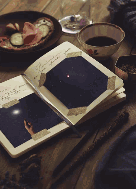 a book is open to a page with a fireworks display