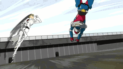 a cartoon of two superheros fighting each other on a bridge