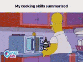a cartoon of homer simpson in a kitchen with the words my cooking skills summarized above him
