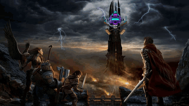 a group of warriors are standing in front of a tower with a purple skull on top