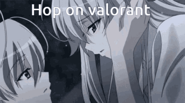 a couple of anime characters looking at each other with the words hop on valorant below them