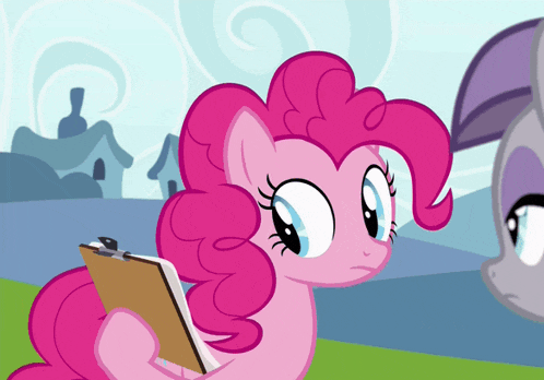 a pink pony is holding a clipboard and looking at something