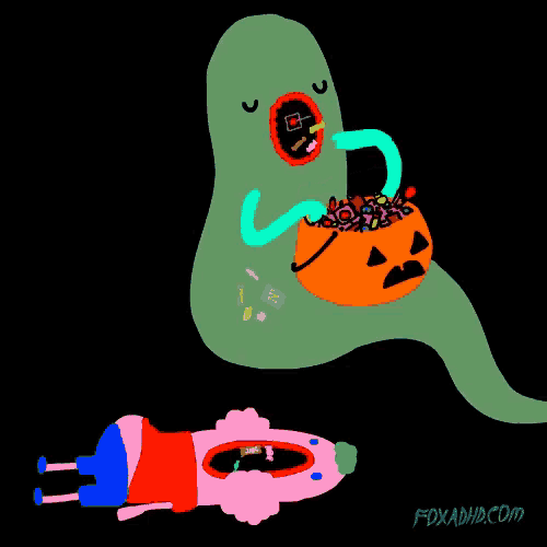 a cartoon of a ghost with a pumpkin full of candy