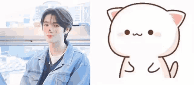 a man in a denim jacket and a cartoon cat