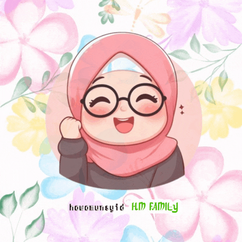 a cartoon drawing of a girl wearing glasses and a hijab with the words haromunsyid hm family below her
