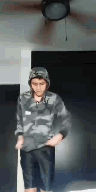 a young man wearing a hoodie and shorts is standing in front of a ceiling fan in a dark room .