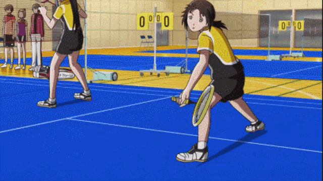 a cartoon of a girl playing badminton in front of a scoreboard that says 0
