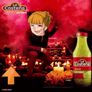 a bottle of la costena salsa de guacamole next to a cartoon character