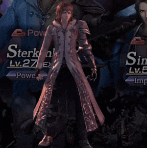 a woman in a long coat is standing in front of a sign that says sterker
