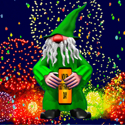 a gnome is holding a sign that says now is guy family day
