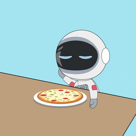 a cartoon of an astronaut looking at a pizza
