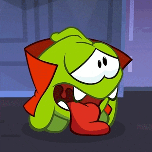 a green cartoon character wearing a red cape with his tongue out