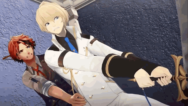 two anime characters are standing next to each other
