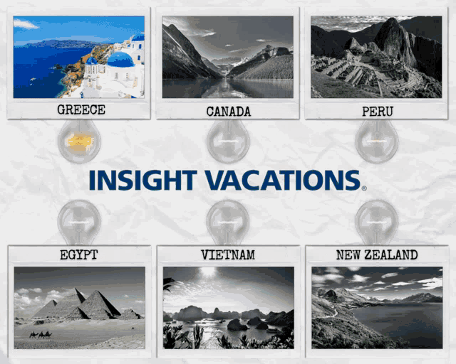 a poster for insight vacations shows pictures from greece canada peru and vietnam