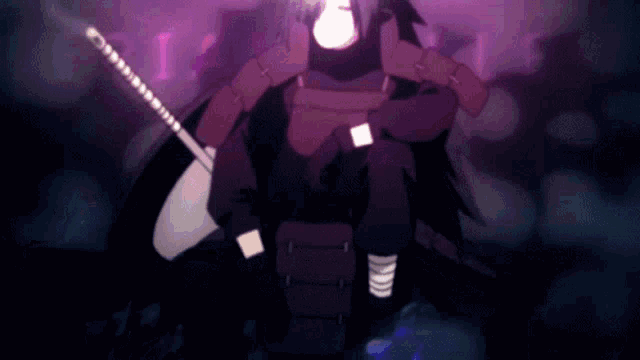 a person holding a sword in front of a purple background with the letter l