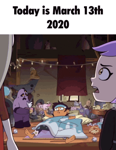 a cartoon of a girl laying on a bed with the date march 13th 2020