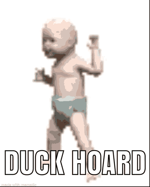 a baby in a diaper is doing a split and the words duck hoard are above him .