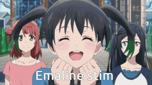 three anime girls are standing next to each other and one of them is smiling with the words emaline stim below her
