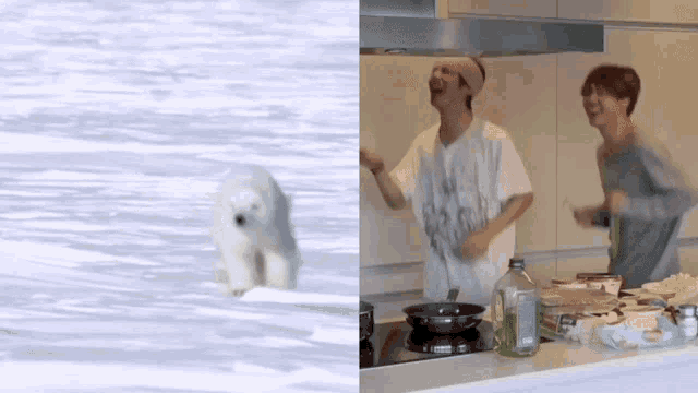 a polar bear is standing in the water next to a man in a kitchen