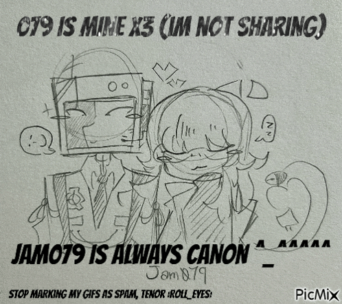 a drawing of a man and a woman with the caption 079 is mine x3