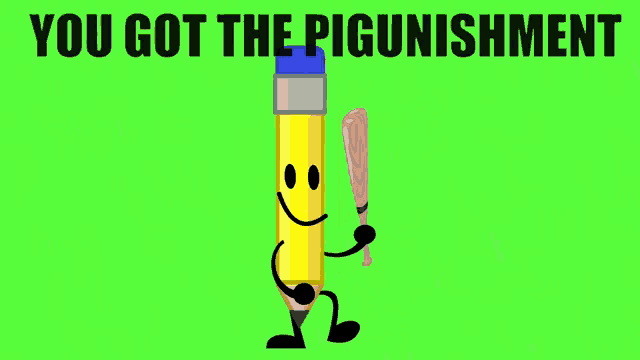 a yellow pencil with a face and arms and legs is holding a baseball bat on a green background .