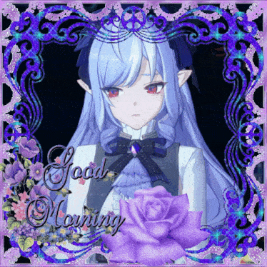 a picture of a girl with a purple rose and the words " good morning "