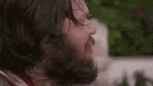 a man with a beard and long hair is smoking a cigarette in a close up of his face .