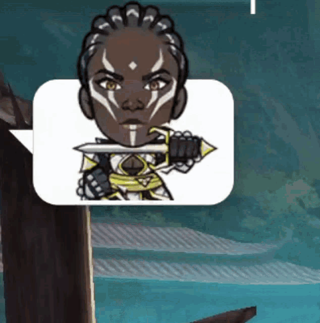 a cartoon drawing of a woman holding a sword in a speech bubble